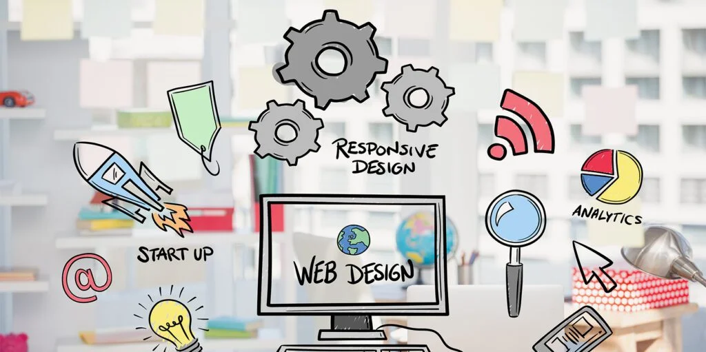 Web design and responsive development illustration featuring analytics, startup growth and digital marketing services