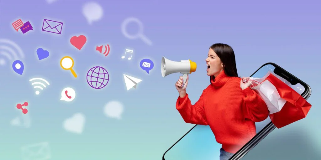 Social media marketing campaign illustration featuring online advertising, customer engagement and brand promotion